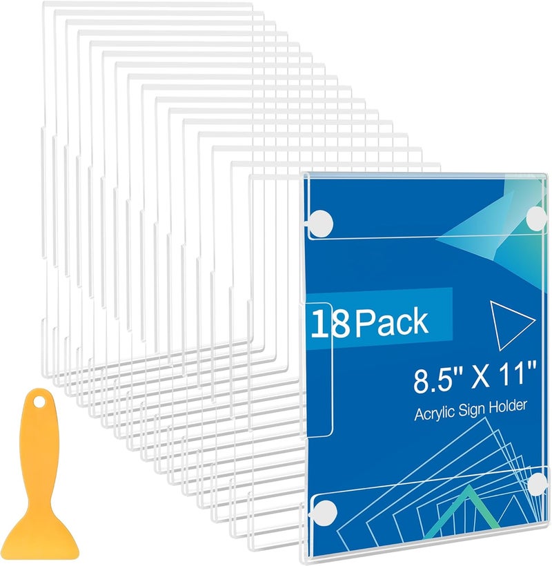 DECOHOBO 18 Pack Acrylic Sign Holder 8.5 x 11 Wall Mount, Vertical & Horizontal Use, Wall Sign Holder Memo Document Menu Holder for Office Store Restaurants Wedding Party Decoration, No Drilling - Image 1